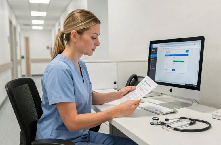 Infirmière consultant ses documents administratifs pour obtenir son numéro Adeli à l'hôpital
