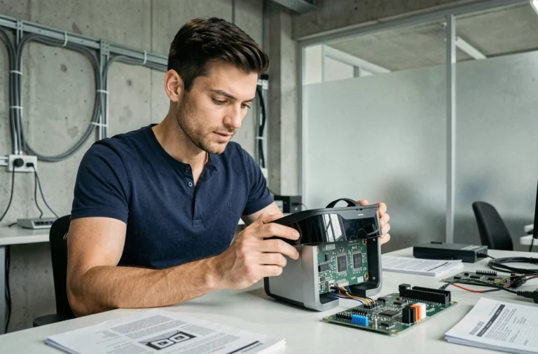 Ingénieur examinant un prototype de casque AR dans un laboratoire technologique moderne