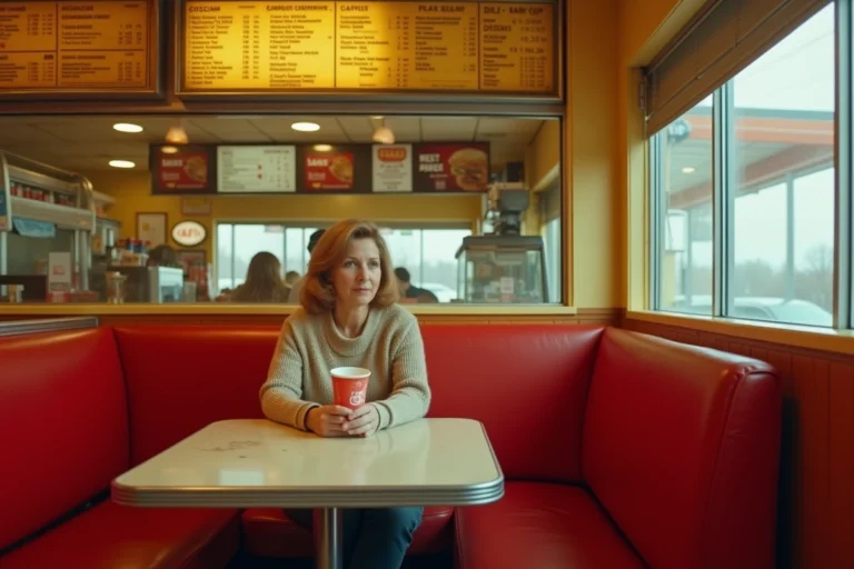 Intérieur nostalgique d'un restaurant rapide français des années 80 avec des banquettes en vinyle rouge et un menu rétro
