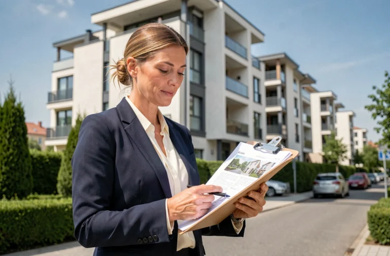 Femme professionnelle examinant des documents immobiliers devant un immeuble résidentiel moderne