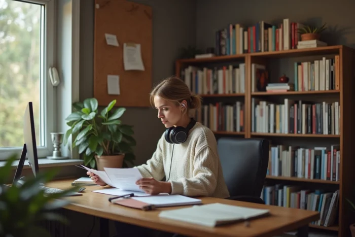 Bureau à domicile avec isolation phonique ciblée : tenture en laine, bibliothèque dense et panneau en liège