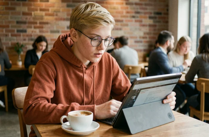Jeune adulte suivant une formation en ligne sur tablette dans un café moderne et urbain