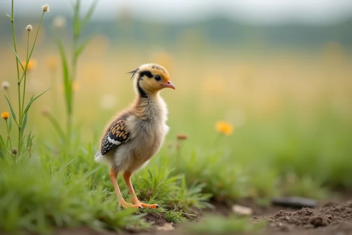 Jeune faisan d'environ deux semaines avec les premières plumes visibles sur les ailes, debout en alerte dans une prairie naturelle