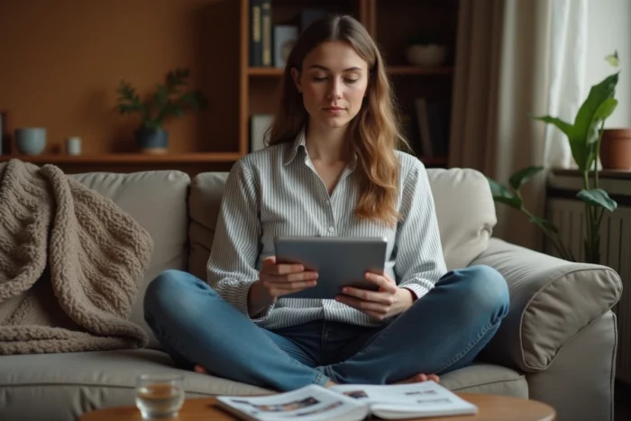 Jeune femme lisant des avis en ligne sur une tablette dans un salon confortable en 2026