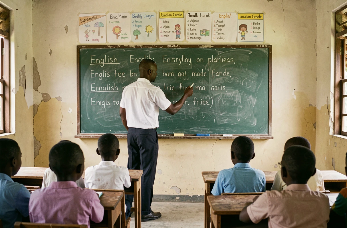 Enseignant jamaïcain écrivant en anglais au tableau dans une salle de classe rurale reflétant le bilinguisme de l'île