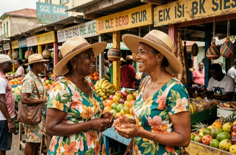Femme jamaïcaine en robe fleurie conversant en patois créole avec un vendeur dans un marché coloré de Kingston