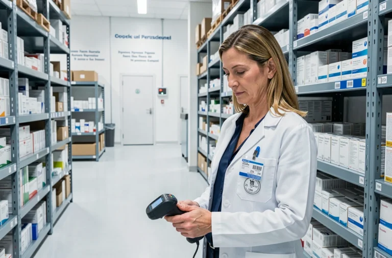 Spécialiste en logistique pharmaceutique scannant des boîtes de médicaments dans un entrepôt moderne à température contrôlée en France