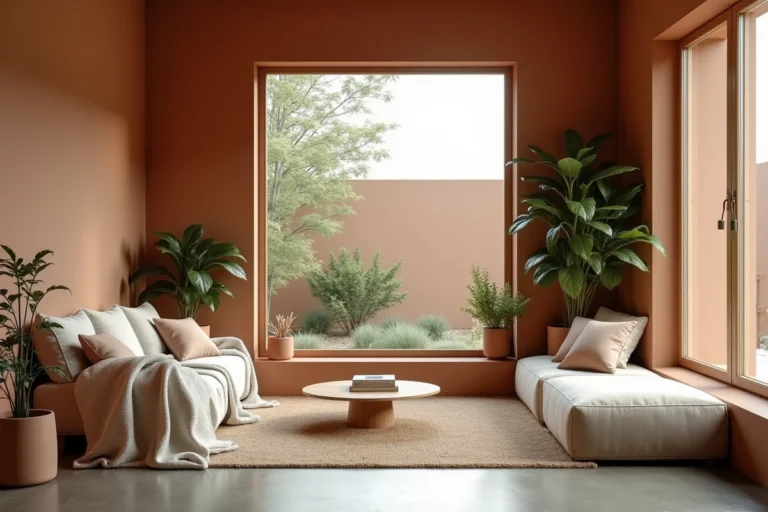 Salon aménagé en havre de paix avec éléments naturels, verdure et mobilier minimaliste en bois clair