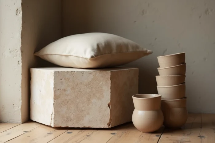Matériaux bruts et textures naturelles : travertin, lin brut et céramique artisanale dans un coin intérieur