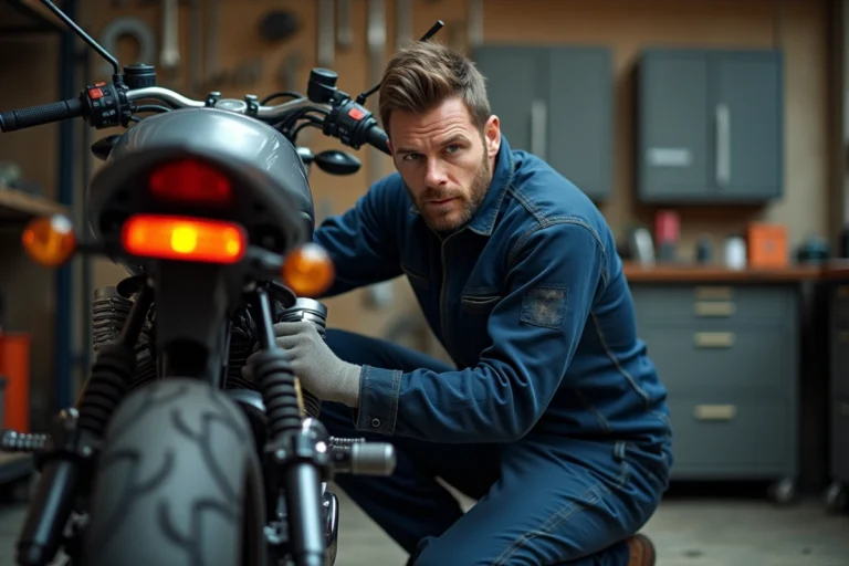 Mécanicien inspectant le clignotant arrière d'une moto dans un atelier de réparation