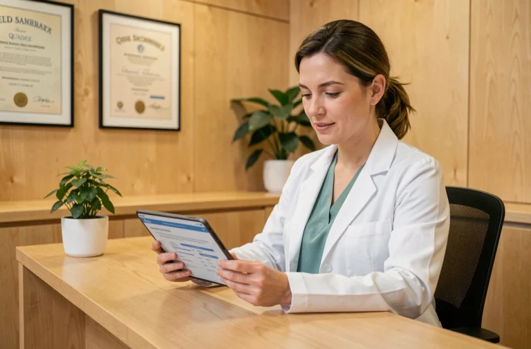Médecin femme en clinique privée québécoise consultant un dossier de santé personnalisé sur tablette