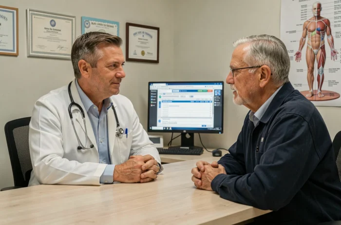 Médecin en consultation avec un patient dans le cadre d'une couverture mutuelle santé