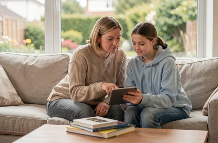 Mère et fille adolescente regardant ensemble une tablette numérique sur un canapé dans un salon familial lumineux