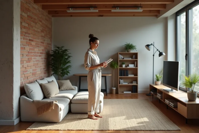 Espace de vie en open-plan divisé en micro-zones fonctionnelles par des meubles et un tapis en jute