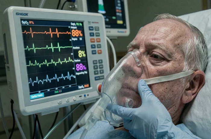 Moniteur de surveillance affichant une désaturation en oxygène et masque à oxygène sur un patient en œdème aigu pulmonaire cardiogénique en unité de soins intensifs