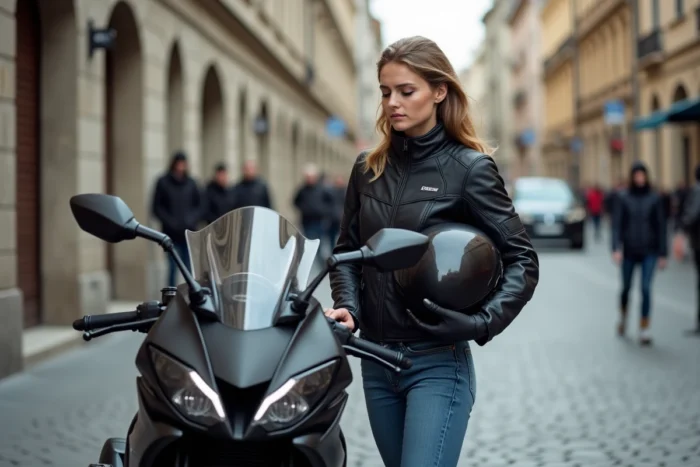 Motarde examinant le clignotant avant de sa moto sportive en milieu urbain