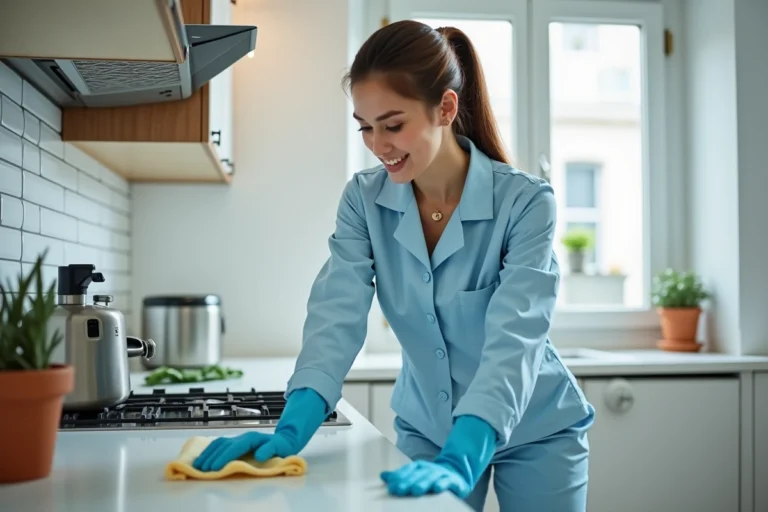 Femme de ménage professionnelle nettoyant le plan de travail d'une cuisine moderne dans un appartement parisien