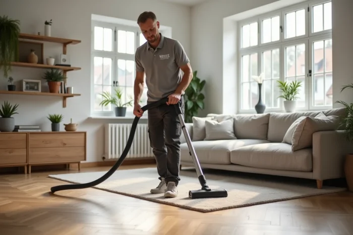 Agent d'entretien passant l'aspirateur dans un salon scandinave spacieux lors d'un nettoyage d'appartement