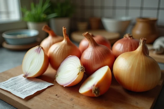 Oignons entiers et coupés sur une planche en bois avec une notice d'allergie alimentaire dans une cuisine
