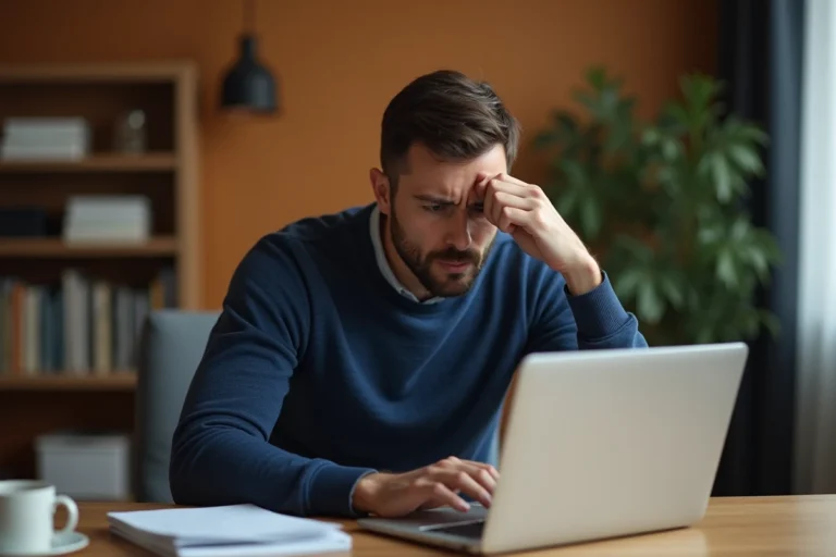 Homme frustré devant un écran d'ordinateur affichant une erreur de paiement PayPal bloqué