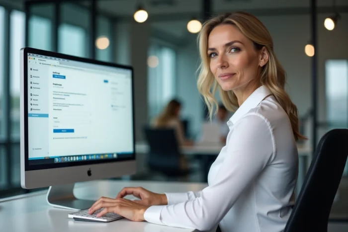 Femme professionnelle configurant les paramètres IMAP et SMTP d'une messagerie Akeo sur un poste de travail en open space