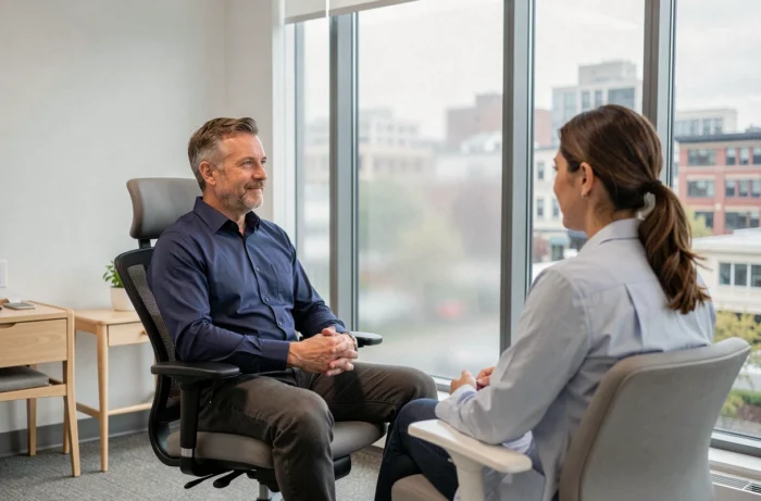 Patient homme en consultation personnalisée dans une clinique privée moderne au Québec
