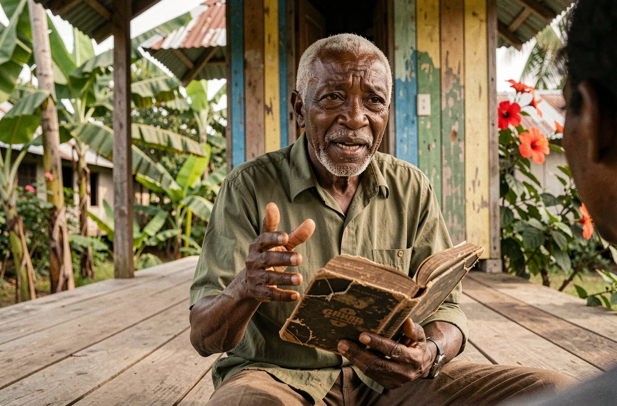 Vieil homme jamaïcain contant des histoires en patois sur le porche d'une maison traditionnelle en bois à la campagne