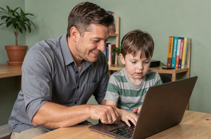 Père aidant son fils à utiliser un ordinateur portable dans un bureau à domicile organisé, illustration de l'accompagnement parental au numérique
