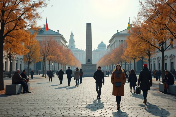 Place publique européenne symbolisant la laïcité avec monuments civiques et passants