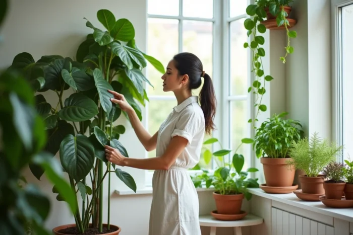 Plantes vivantes positionnées par fonction dans un intérieur lumineux : figuier, pothos et herbes aromatiques