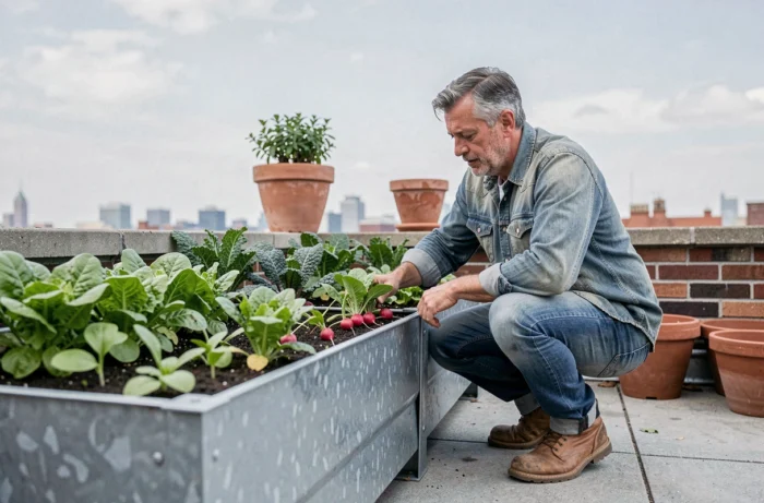 Homme inspectant des jeunes plants de légumes dans un carré potager surélevé en acier galvanisé sur un toit urbain
