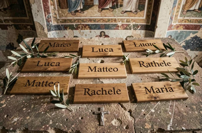 Plaques en bois gravées de prénoms italiens bibliques comme Marco Luca Matteo et Maria disposées sur une surface en pierre avec des rameaux d'olivier