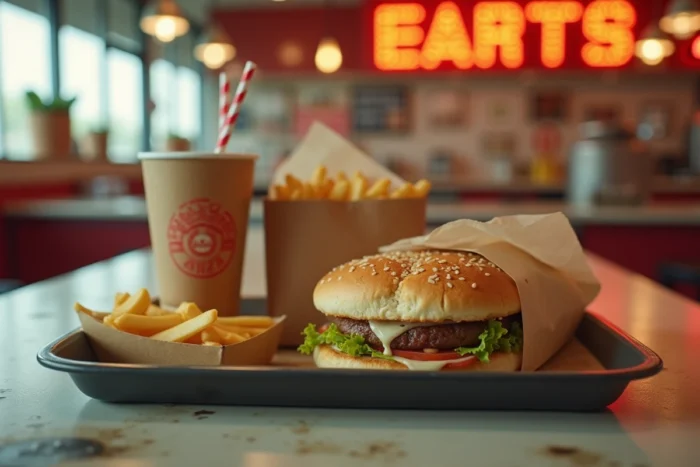 Plateau repas vintage d'une chaîne de restaurant française disparue avec emballages rétro et logo effacé