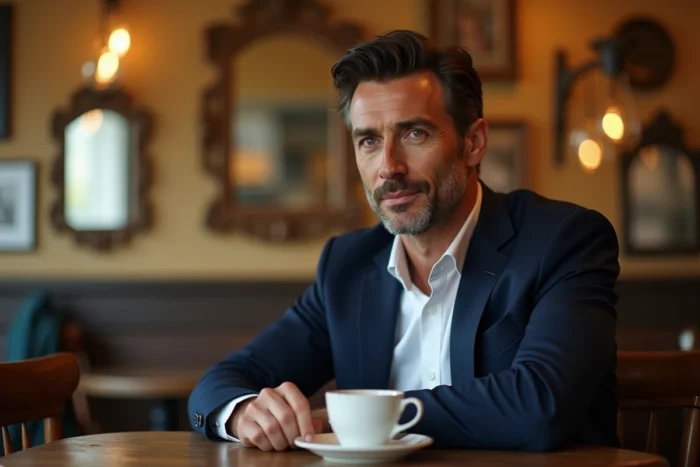 Portrait élégant d'un homme au café, compagnon de Caroline Munoz, ambiance brasserie française authentique