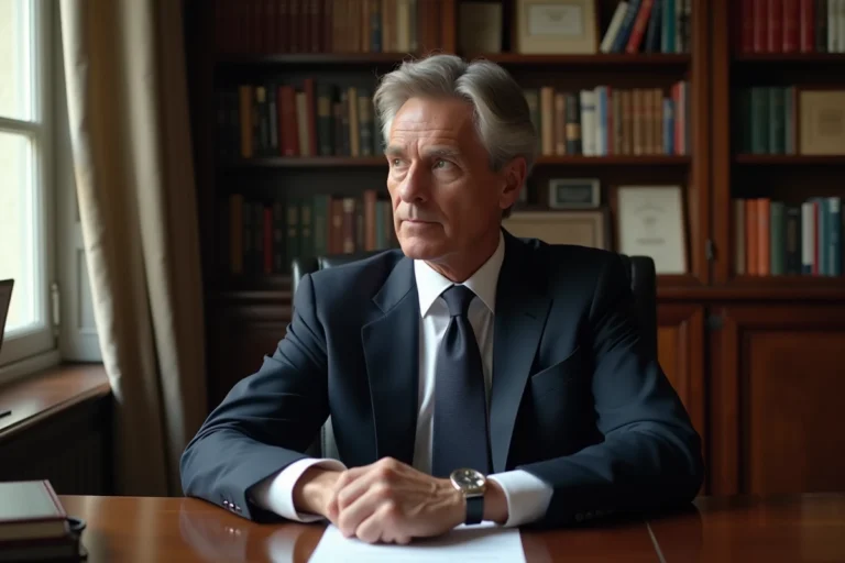 Portrait d'un homme distingué en costume sombre assis dans un bureau parisien élégant, illustrant un profil intellectuel et professionnel
