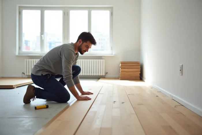 Homme posant un parquet en chêne clair dans un appartement moderne en rénovation