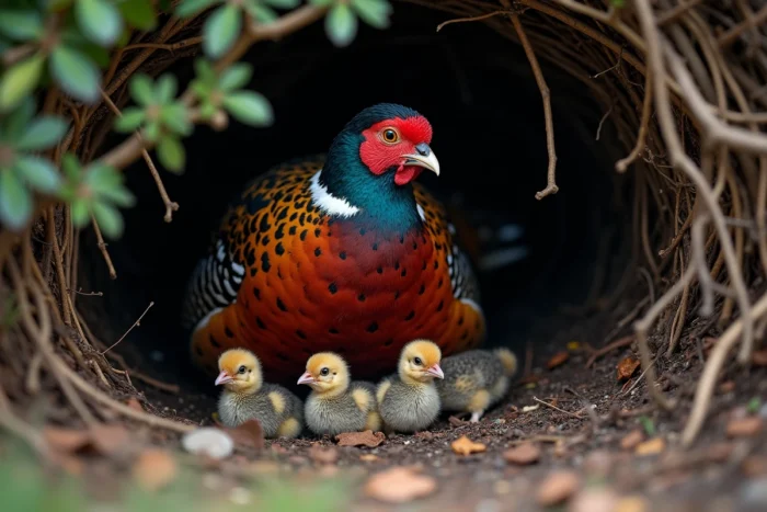 Poule faisane protégeant ses poussins sous son aile dans une haie naturelle, comportement de couvaison des premières semaines de développement