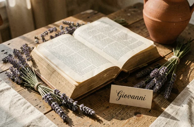 Bible ouverte sur une table en bois rustique dans une villa italienne avec une carte calligraphiée au prénom Giovanni et des fleurs de lavande séchées