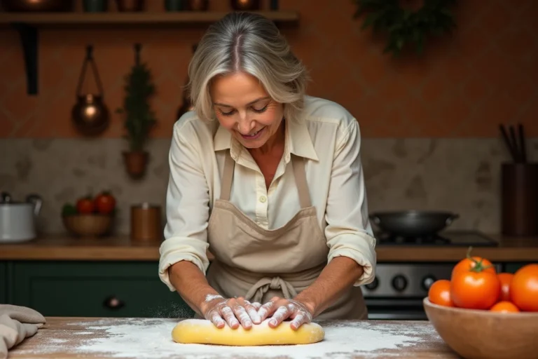 Femme préparant des pâtes fraîches maison sur un plan de travail en bois fariné dans une cuisine rustique chaleureuse