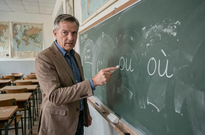 Professeur de français devant un tableau noir expliquant la différence orthographique entre ou et où en classe