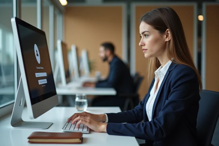 Jeune professionnelle se connectant à sa messagerie Neuf Mail sur un ordinateur de bureau en espace de coworking