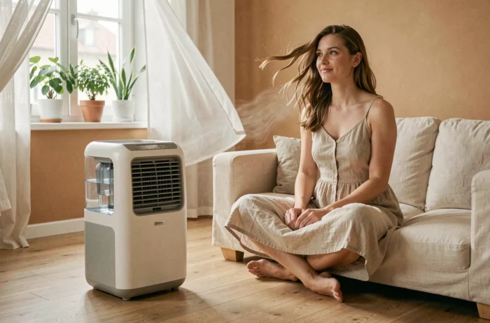 Femme profitant d'un rafraîchisseur d'air portable dans un salon moderne pendant l'été