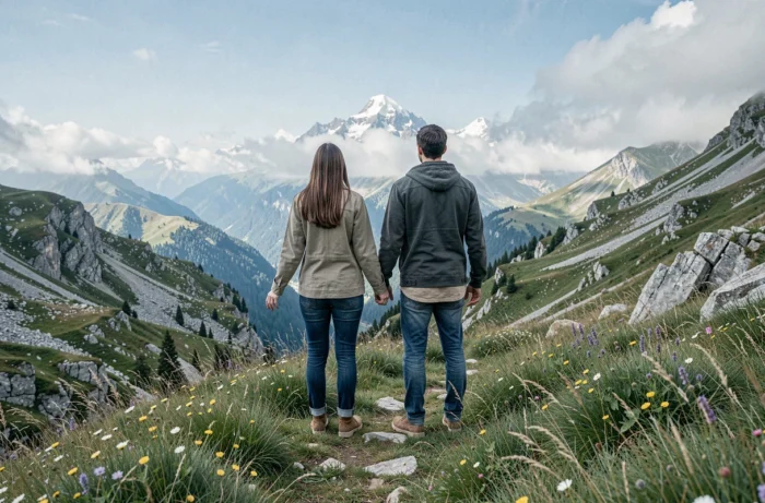 Deux randonneurs contemplant un panorama alpin depuis un pré de haute montagne en Suisse, incarnant l'essence du voyage lent et de la reconnexion à la planète