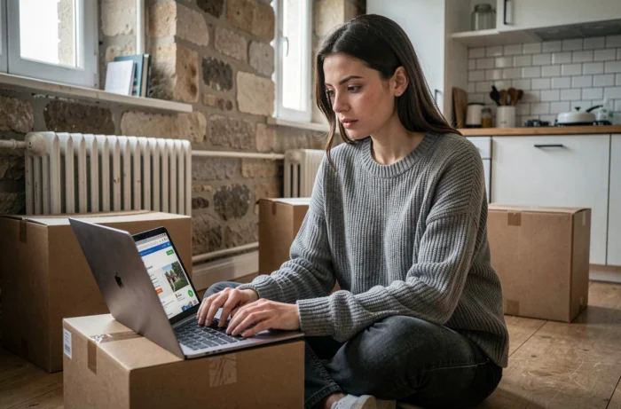 Jeune femme assise parmi des cartons de déménagement recherchant un bien immobilier à louer sur son ordinateur portable