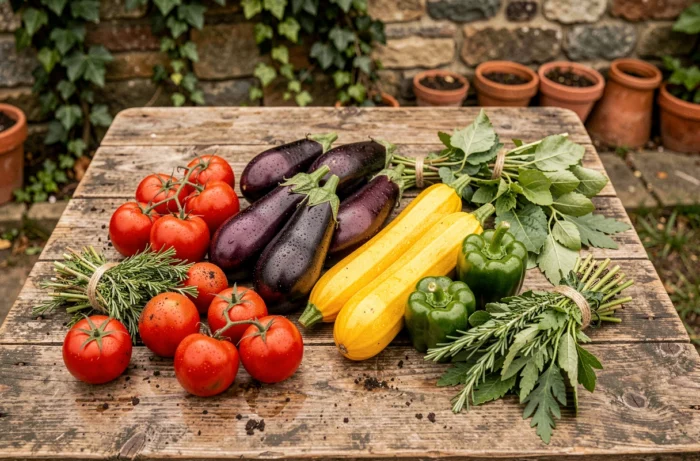 Récolte abondante de légumes frais du potager disposés sur une table en bois dans un jardin rustique