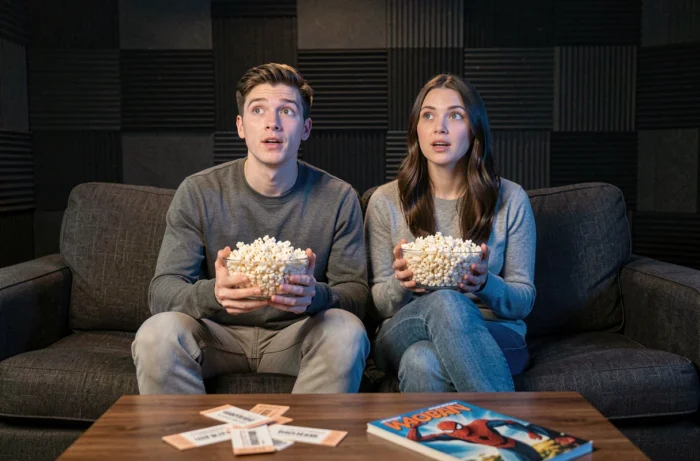 Deux jeunes adultes regardant un film Spider-Man dans un home cinéma, tenant des bols de popcorn