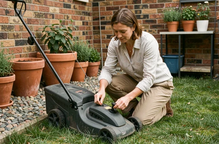 Femme réglant la hauteur de coupe de la tondeuse électrique Teccpo TDLM01G dans un jardin urbain