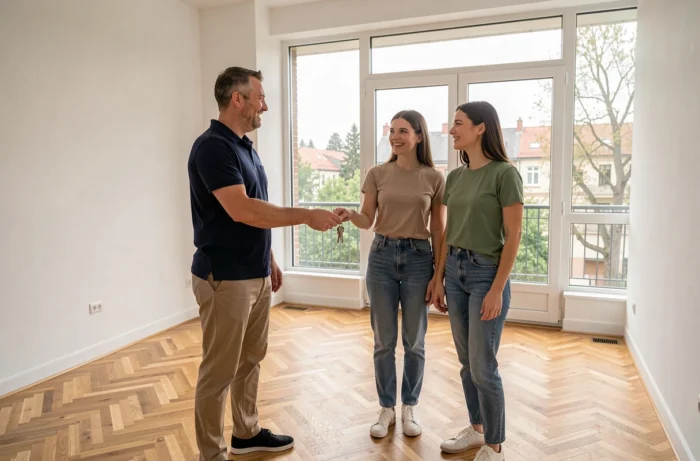 Propriétaire remettant les clés d'un appartement vide à un jeune couple lors d'un état des lieux d'entrée