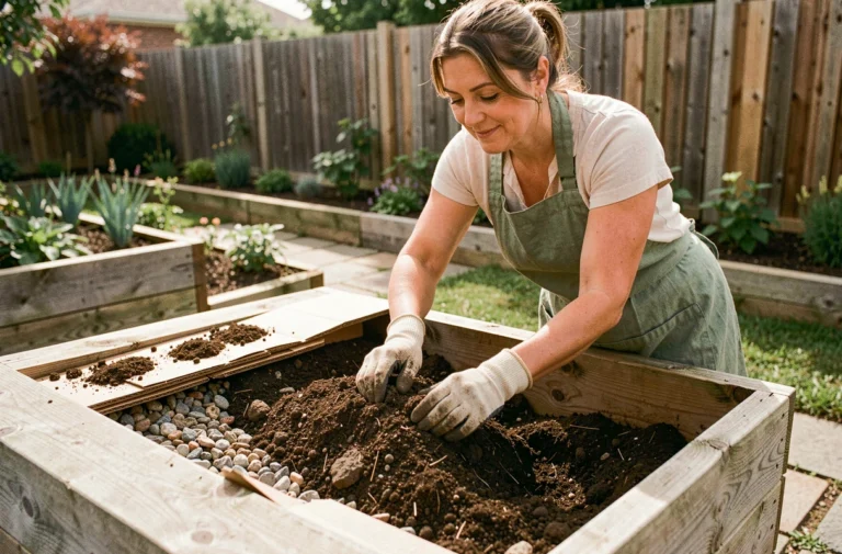 Femme qui remplit un carré potager surélevé en bois avec du compost et des couches de sol enrichi dans un jardin ensoleillé