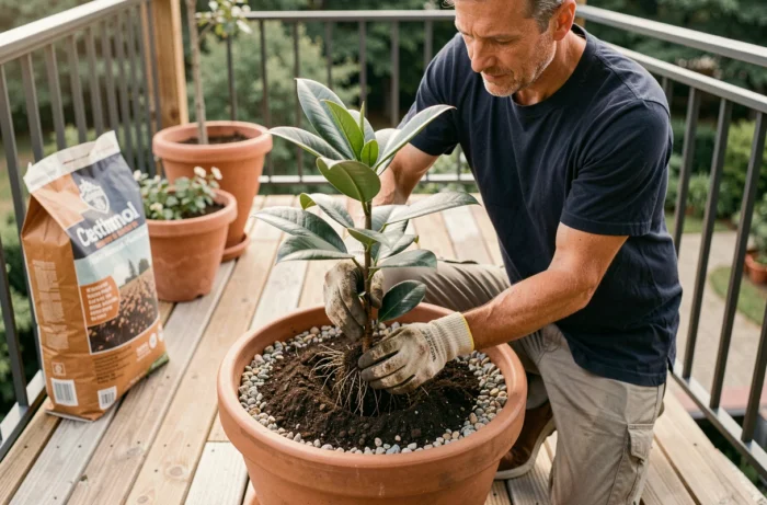 Homme installant un ficus benjamina dans un nouveau pot en céramique avec du gravier de drainage sur un balcon ensoleillé